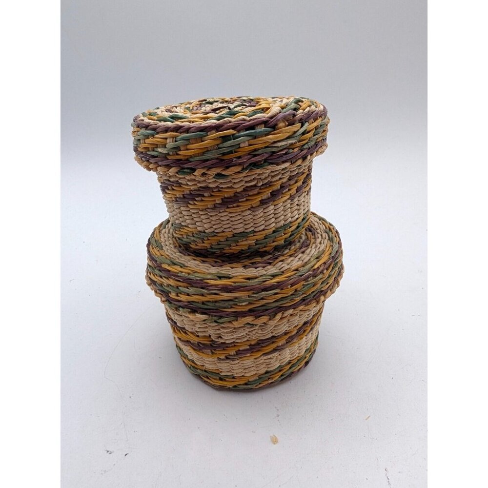 Hand Woven Basket w Lid - Wicker Ethnic Grass Straw Boho Tiny - Green Yellow - Picture 2 of 12